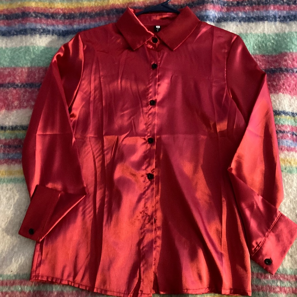 Red Satin button down shirt